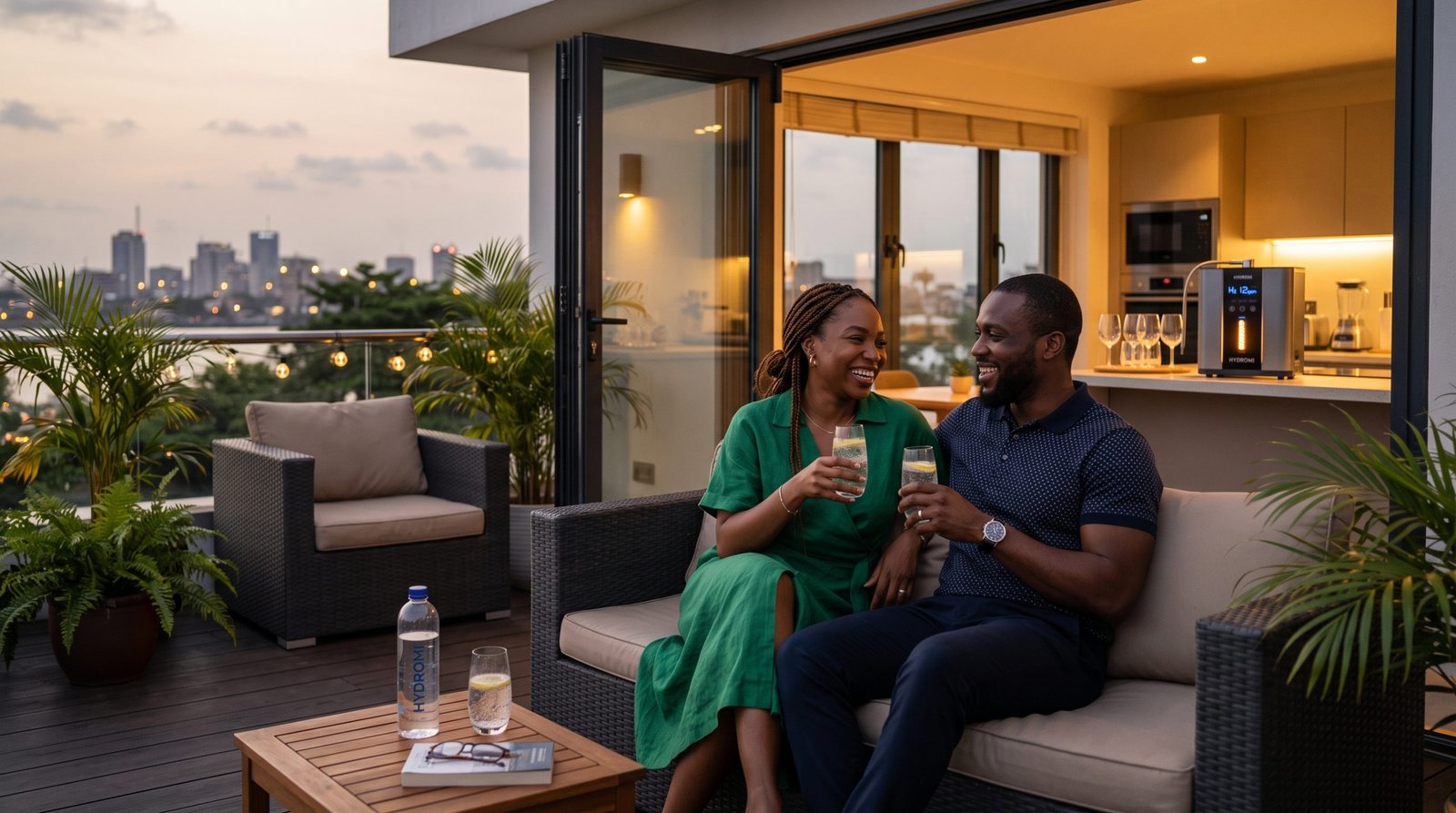 Couple relaxing on terrace with hydrogen water in the evening