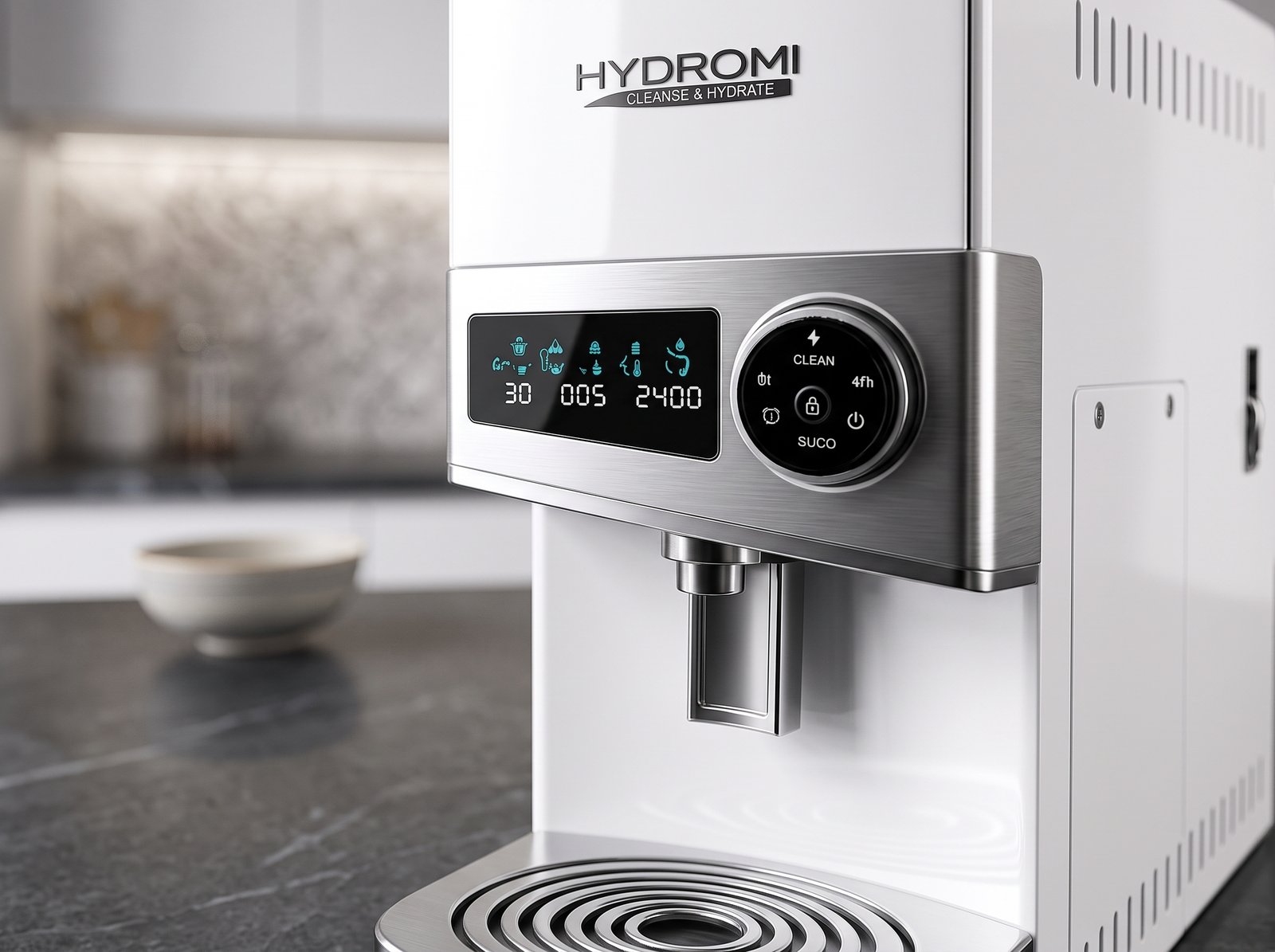 Hydromi Machine Close-up — detailed view of the finish, branding, and water outlet