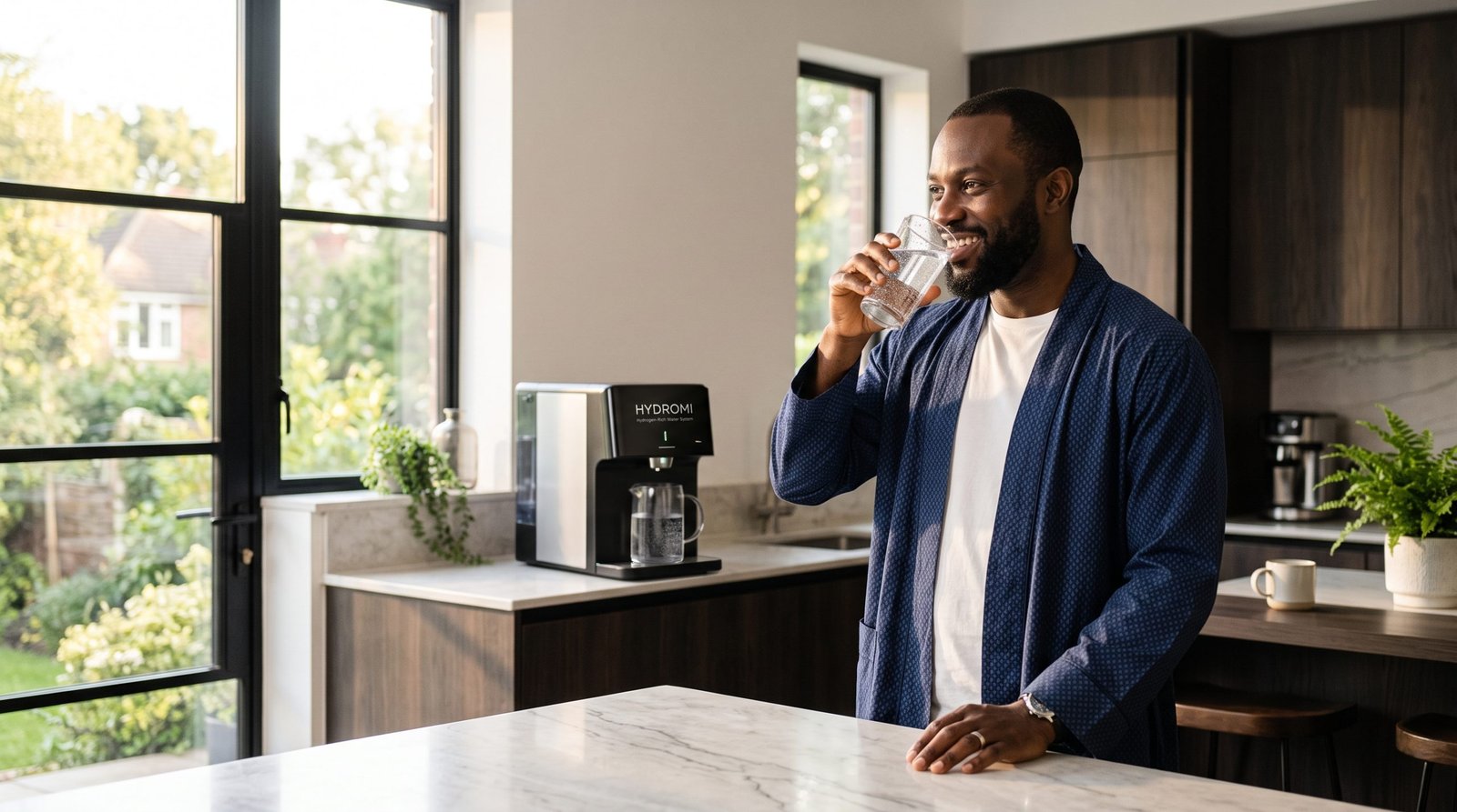 Man drinking hydrogen water at home in the morning